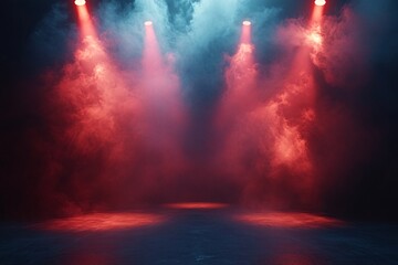 A dramatic stage scene illuminated by red and blue spotlights, creating an atmospheric effect with swirling fog on a dark background.