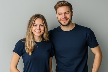 Fototapeta premium Cheerful Couple Posing for Studio Portrait with Light Background. Generative AI.