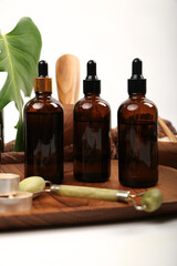 Amber Glass Dropper Bottles with Wooden Tray and Spa Accessories