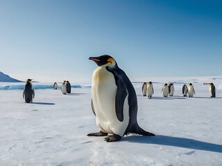 Obraz premium Emperor Penguin Standing on Snowy Ground with Other Penguins in the Background