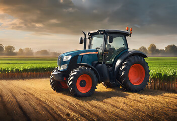 Obraz premium A tractor with large tires on a dirt path in a rural landscape, with fields.