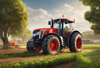Naklejka premium A tractor with large tires on a dirt path in a rural landscape, with fields.