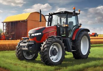 A tractor with large tires on a dirt path in a rural landscape, with fields.