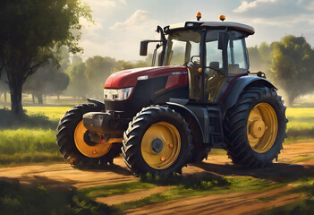 A tractor with large tires on a dirt path in a rural landscape, with fields.