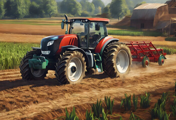 Obraz premium A tractor with large tires on a dirt path in a rural landscape, with fields.