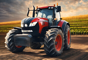 Fototapeta premium A tractor with large tires on a dirt path in a rural landscape, with fields.
