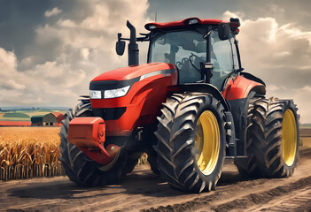 Fototapeta premium A tractor with large tires on a dirt path in a rural landscape, with fields.
