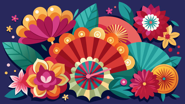 Colorful Paper Flowers and Fans for New Year's Celebration. Perfect for: Lunar New Year, Spring Festival, Cultural Celebrations