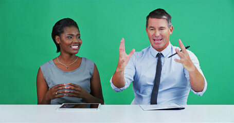 Studio, green screen and reporters in newsroom for business conversation, team talk and journalism. Chroma key, man and woman with presenter or news analyst for politics on tv broadcast on background
