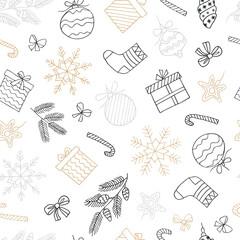 New Year seamless pattern of fir branches, toys, gifts, Christmas tree toys, gift boxes and snowflakes. Illustration in a hand-drawn style. Can be used to create postcards, covers, patterns, backgroun