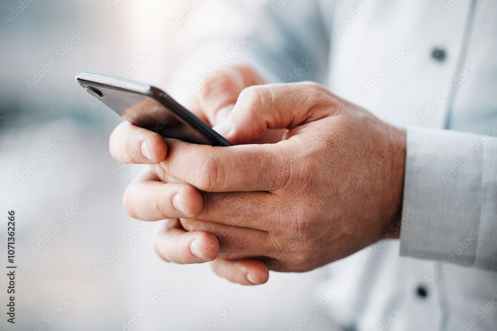 Poster office, phone and hands of business man typing for communication, email and b2b networking. professi