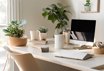 Cozy Home Office with Coffee Cup and Plant
