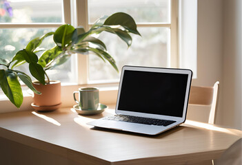 Fototapeta premium Softly Lit Workspace with Laptop and Plant Decor 