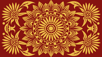 Golden Sunflower Patterns on Deep Red Background. Perfect for: Harvest Festivals, Thanksgiving, Summer Celebrations