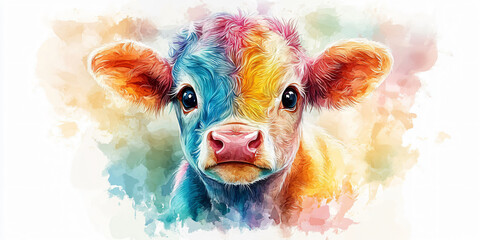 A colorful painting of a cute calf looking directly at the viewer.