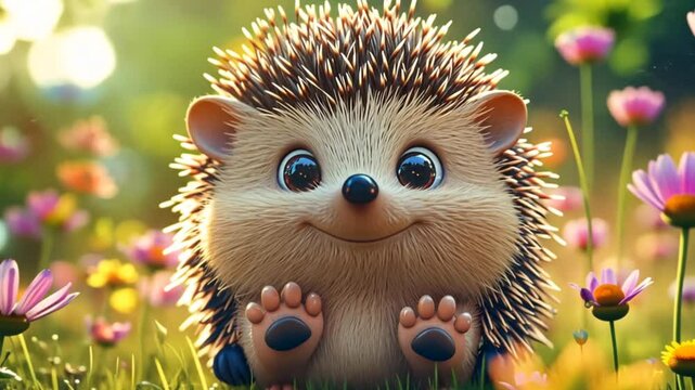Adorable cartoon hedgehog sitting in a field of wildflowers with a happy expression.