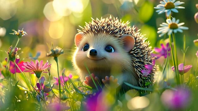 Adorable hedgehog enjoying the beauty of a wildflower meadow.