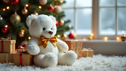 White teddy bear cub and boxes with gifts under the Christmas tree.