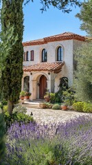 Naklejka premium A beautiful Mediterranean villa with terracotta roof tiles, stucco walls, and arched doorways.