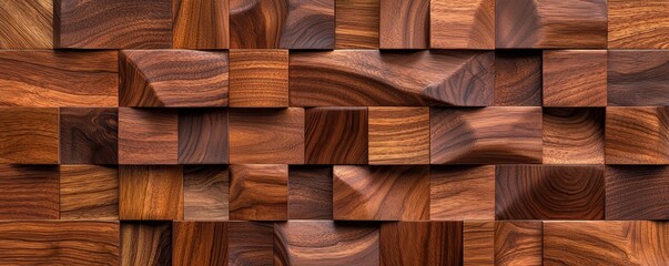 A detailed wooden surface showcases an intricate pattern of variously shaped blocks, highlighting rich textures and warm brown tones.