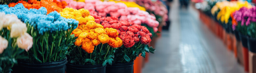 A vibrant display of colorful flowers in pots, creating a lively atmosphere in a market setting.