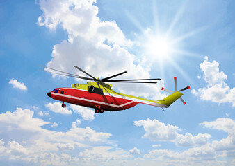 149-27-Red and yellow rescue helicopter flying through a sunny, cloudy sky, providing emergency medical services