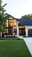 A beautifully designed modern suburban home with large windows, a minimalist front yard, and a sleek driveway.