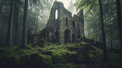 Fototapeta premium dark moody forest ruins with moss covered stone walls and trees