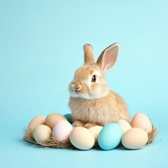 Cute bunny with Easter eggs in nest.