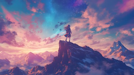 Adventurous person standing on a mountain peak at sunset, enjoying the colorful sky in an anime-style landscape.
