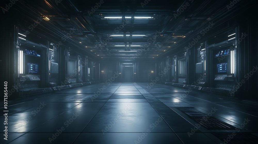 Aufkleber a futuristic, dimly lit corridor featuring metallic surfaces and illuminated panels, creating a sci-