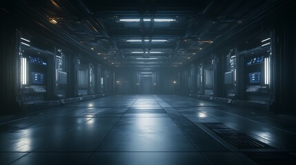 A futuristic, dimly lit corridor featuring metallic surfaces and illuminated panels, creating a sci-fi atmosphere.