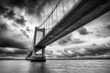 Obraz premium A dramatic black-and-white image of a suspension bridge spanning a river under a cloudy sky.