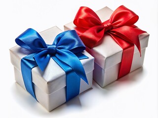 Fototapeta premium White boxes with festive red and blue bows, macro detail.