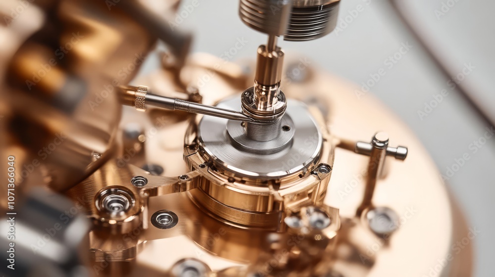 Poster precision engineering: close-up of intricate metallic components within sophisticated machinery, sho