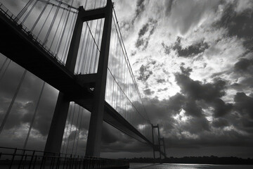 Obraz premium A dramatic black-and-white image of a suspension bridge against a cloudy sky.