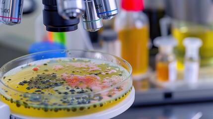 Close-up of microscope slide revealing intricate fungal spores, essential for research on fungal diseases and microbiology studies.