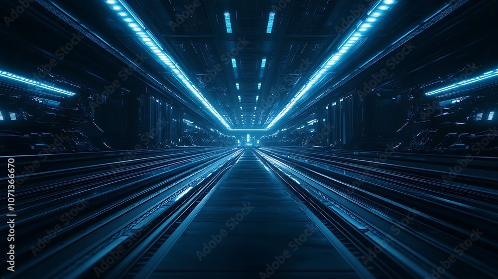 Poster a futuristic, illuminated corridor with vibrant blue lights, creating a sense of depth and technolog