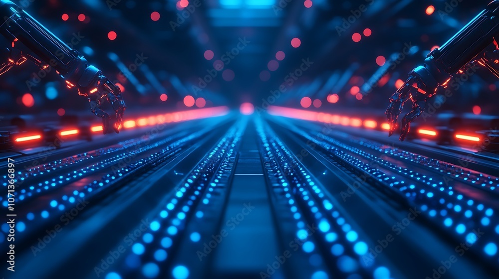Leinwandbilder A futuristic scene featuring illuminated blue and red lights along a row of connected data cables or circuit pathways.