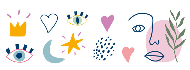 Hand drawn elements. Eyes, hearts, naive for decoration. Set of flat vector illustration eps10