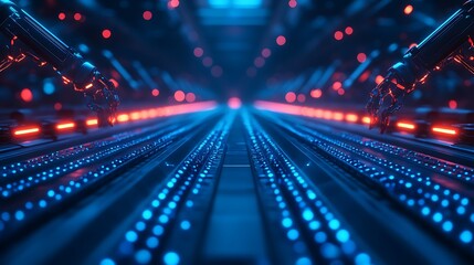 A futuristic scene featuring illuminated blue and red lights along a row of connected data cables or circuit pathways.