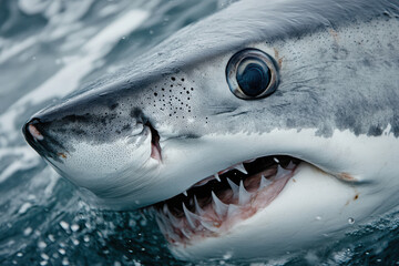 Naklejka premium Close-up of a shark's head emerging from water, showcasing its teeth and eye.