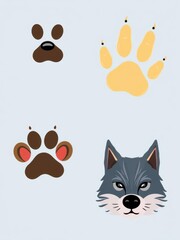 Fototapeta premium Set of unique animal paw prints including dog, cat, bear, and wolf, footsteps, pattern
