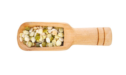 lentils seeds or vegan protein source with wood scoop on transparent png top view