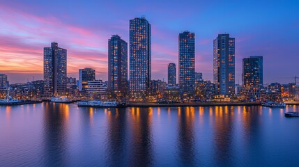 Naklejka premium Rotterdam cityscape neon night