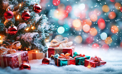 Festive Christmas scene with gifts under a decorated tree, snow, and colorful holiday lights in the background.