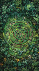 Fototapeta premium aerial view of lush green forest with a circular labyrinth pattern in the center