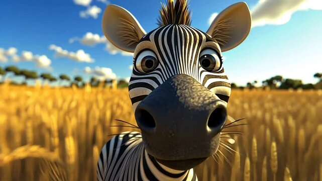 A cute cartoon zebra with big eyes looks directly at the camera in a field of tall grass.