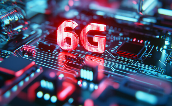 "6G" technology symbol glowing on a microchip, representing the future of high-speed connectivity.