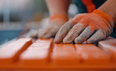 Obraz premium Close-up of a gloved hand laying bricks, showcasing craftsmanship and construction work with attention to detail.